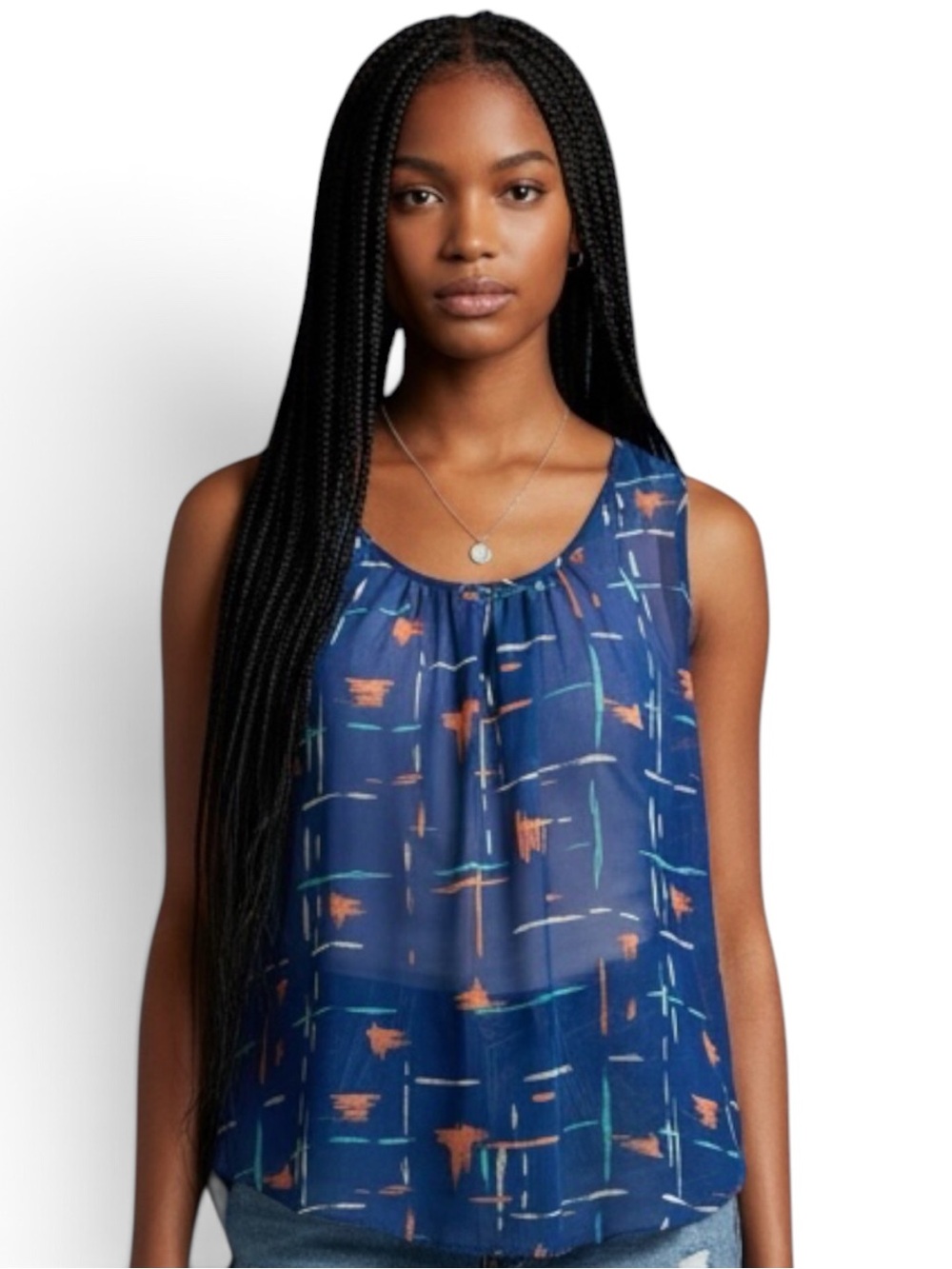 EDGE Abstract Brushstroke Sheer Sleeveless Tank Top Medium Blue